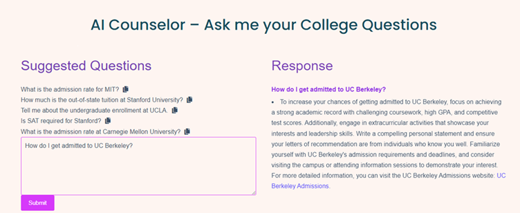 Counselor AI that can answer all college application questions
